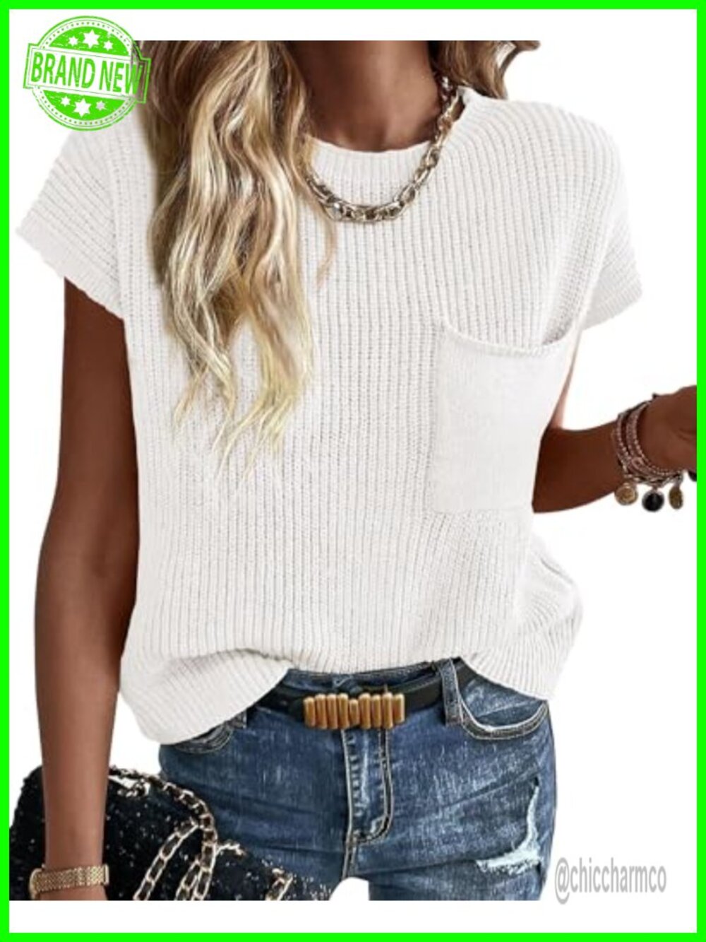 Cotton Ribbed Knit Cap Sleeve Sweater Top Loose Fit Crew Neck